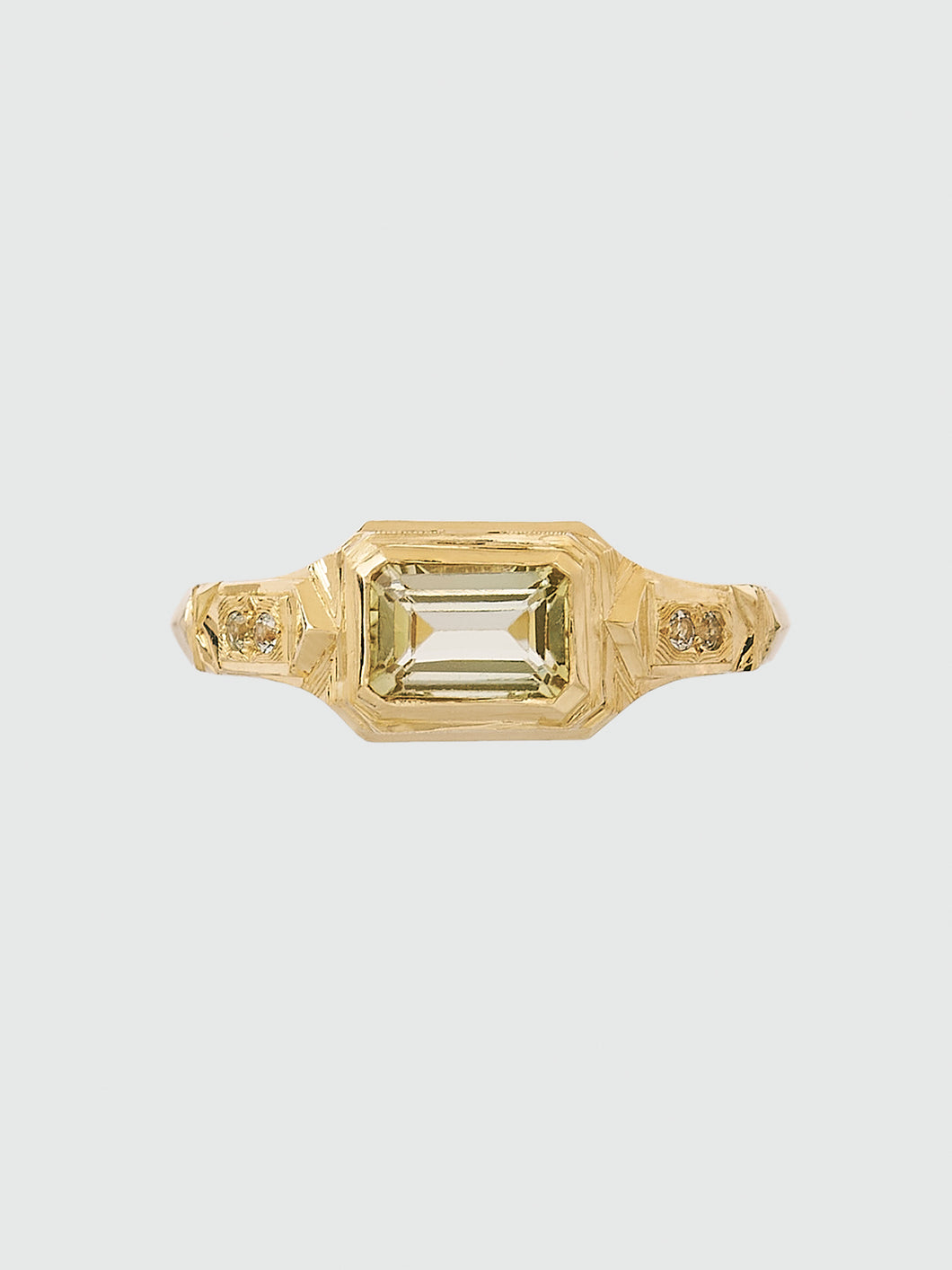 'Eima' ring :: Pale green tourmaline with sapphire side stones :: Ready to ship